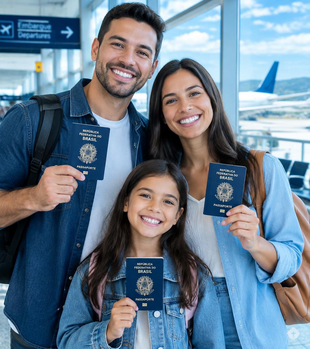 Família sorrindo no aeroporto segurando passaportes após aprovação do visto americano